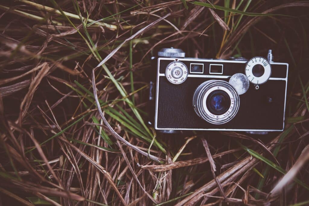 Old vintage camera in grass field. Vintage image tone style.